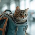 Curious tabby cat is peering out of a blue pet carrier backpack at a busy airport terminal