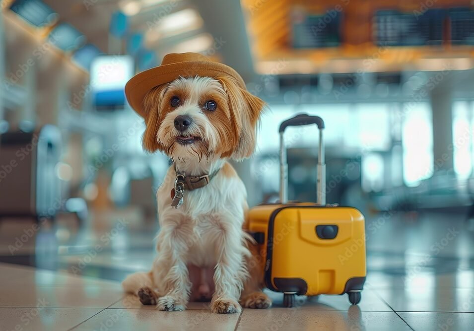 Cute dog with travel suitcase at airport. Travel and vacation concept, Ai Generated