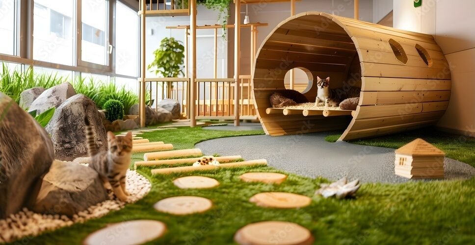 Luxury pet hotel with themed play areas spa webcam access for owners. Concept Pet Hotel, Luxury Accommodations, Themed Play Areas, Spa Services, Webcam Access